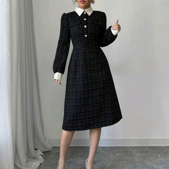 Commuting Chic Versatile A-Line Faux Pearl Button Decor Long Sleeve Dress - Picture 5 of 5